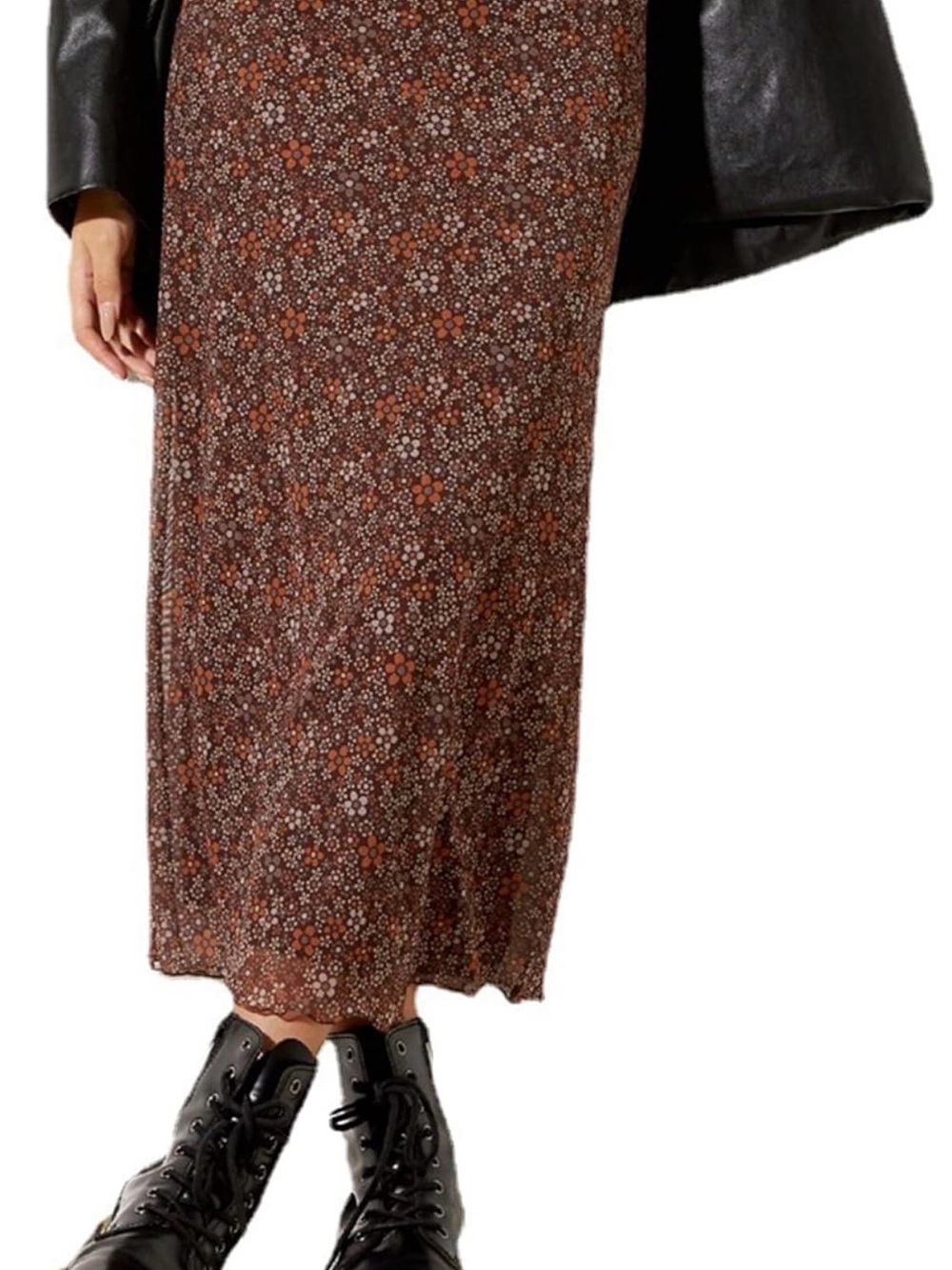 Brown Floral Midi Skirt - Casual Ditsy Print